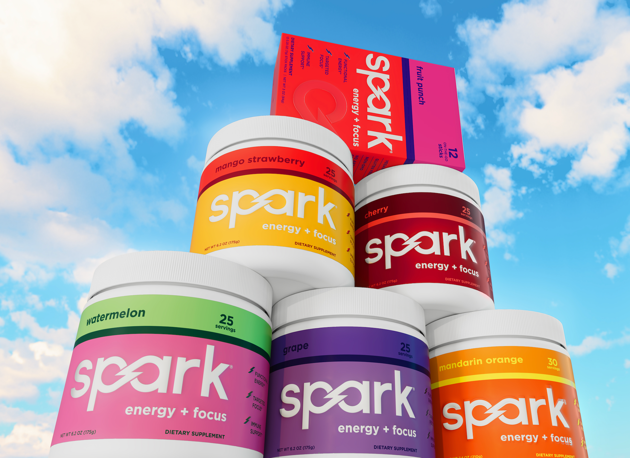 A stack of Spark canisters with a Spark stick pack box on top